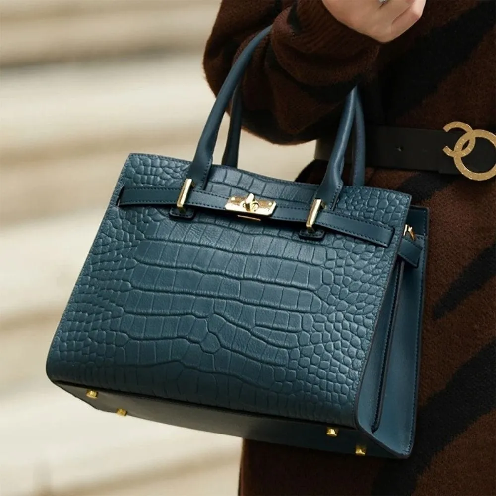 Maison Sacoches Sienna sac à main cuir bleu effet croco