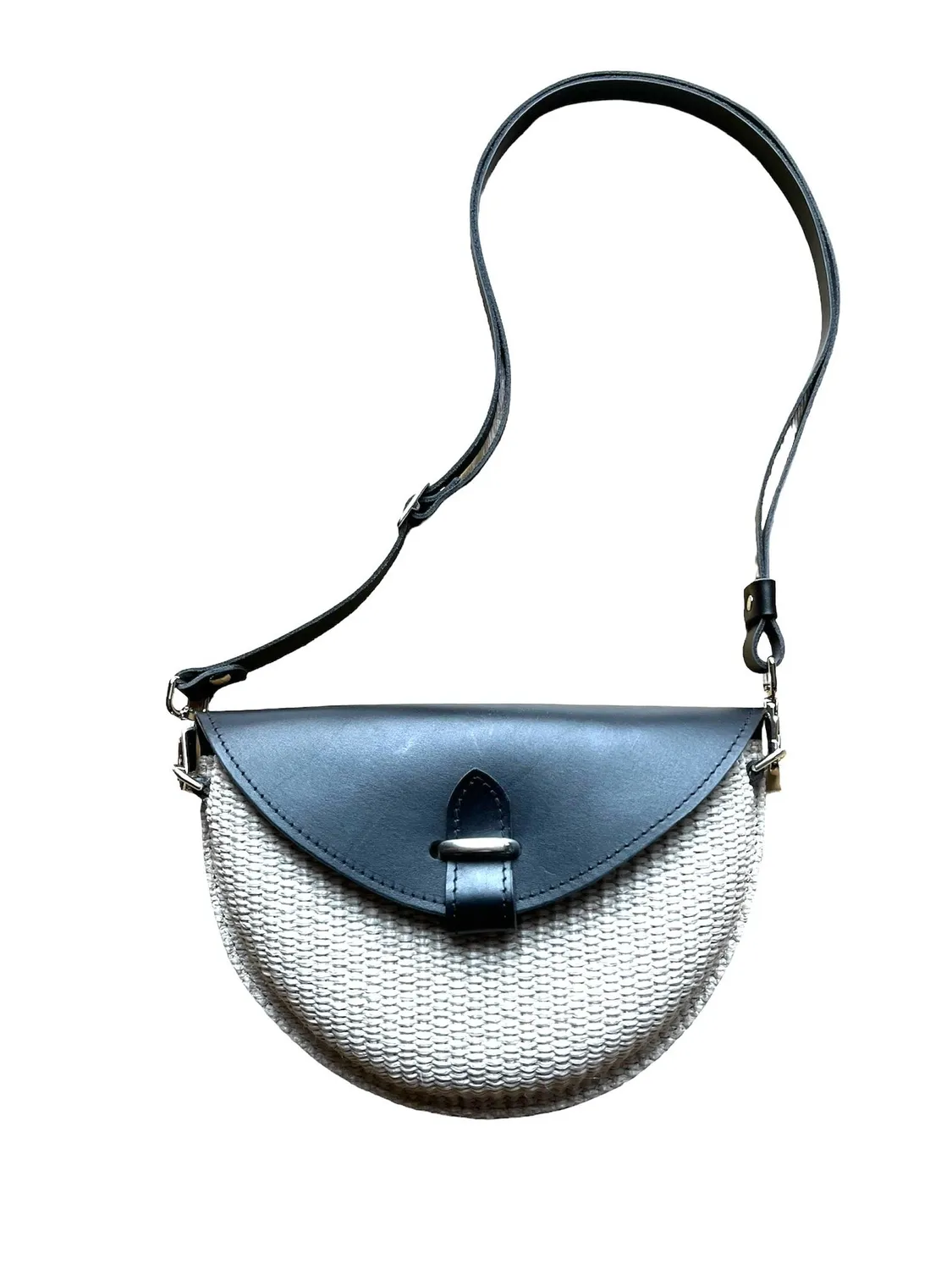 Hexagone Cuir Soleil sac cuir raphia noir kaki 24 cm