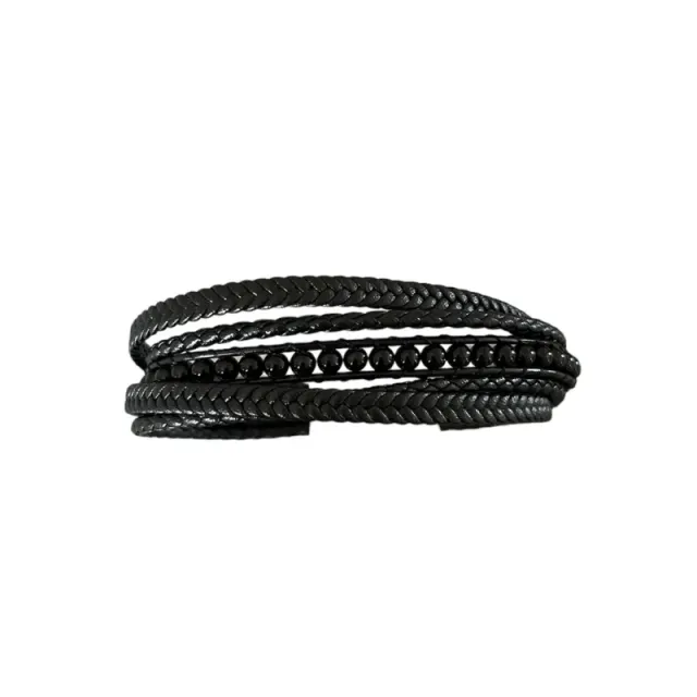 Hexagone Cuir Bracelet cuir perles onyx 21 cm