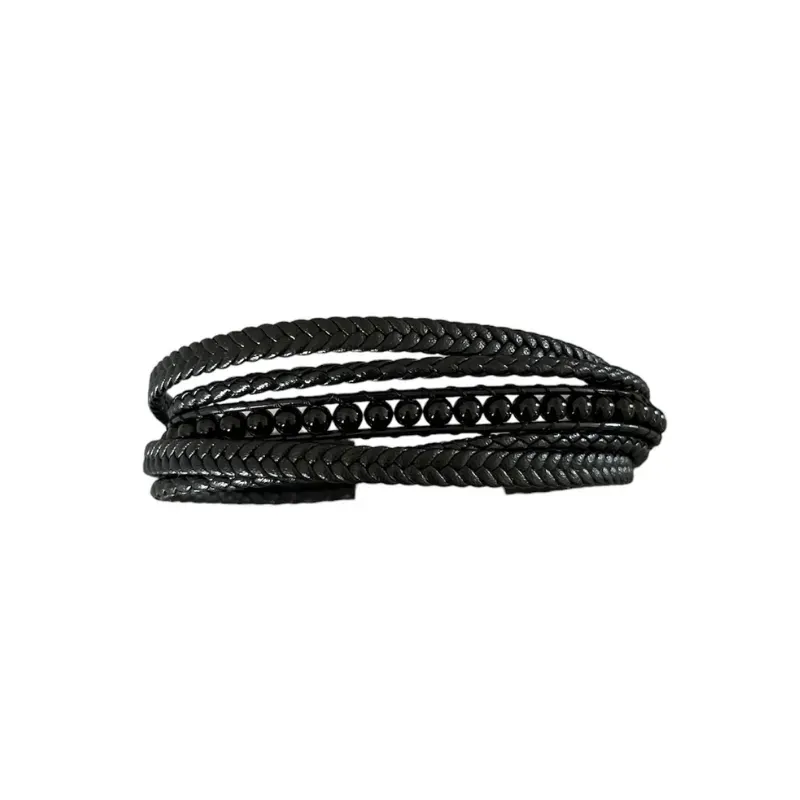 Hexagone Cuir Bracelet cuir perles onyx 21 cm