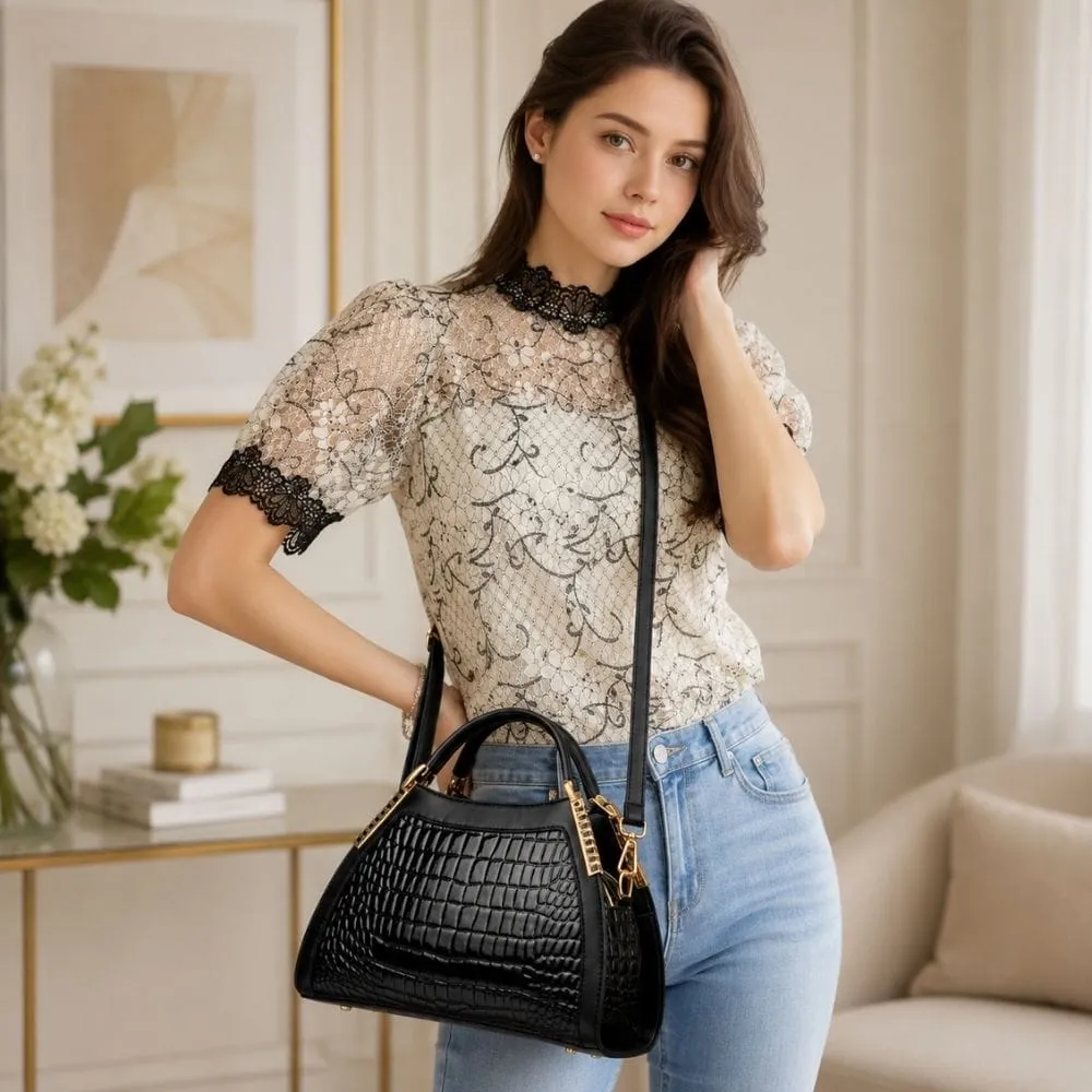 Maison Sacoches Alba sac à main luxe noir croco brillant
