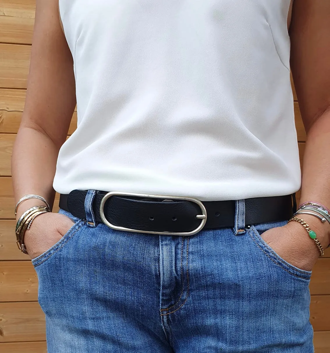 Hexagone Cuir Bella ceinture cuir femme noire 90 cm