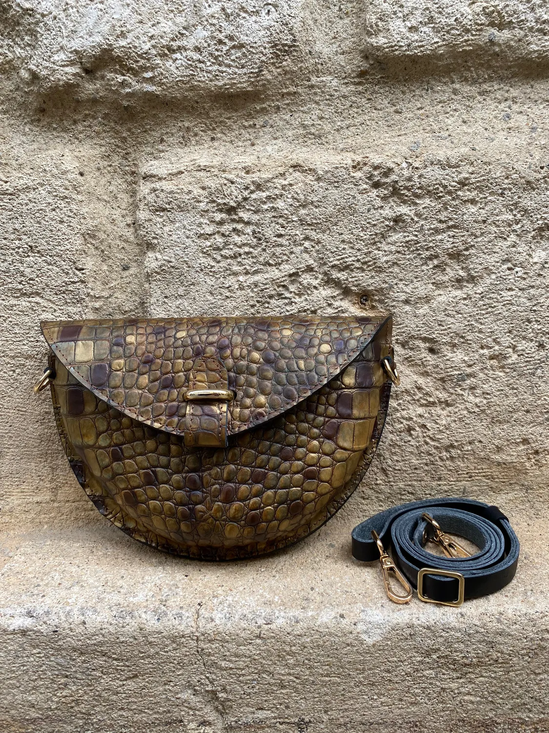 Hexagone Cuir Soleil sac cuir reptile bronze