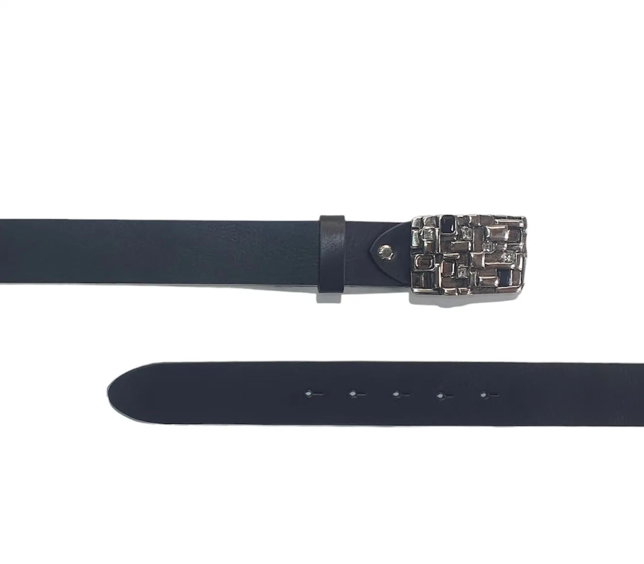 Hexagone Cuir Bijoux ceinture cuir strass noire 85 cm