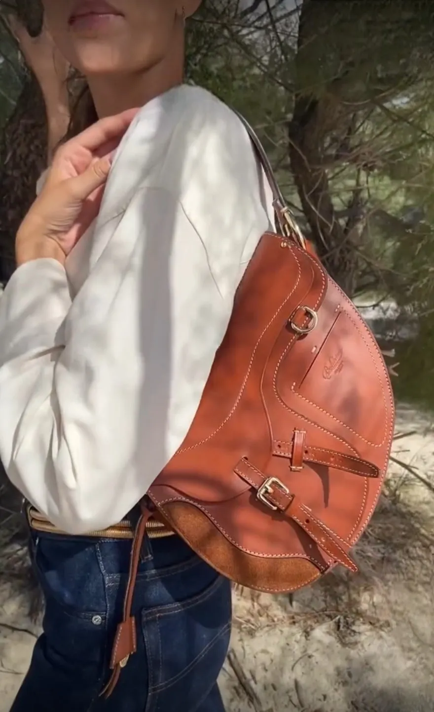 Hexagone Cuir Sellerie sac cuir cognac