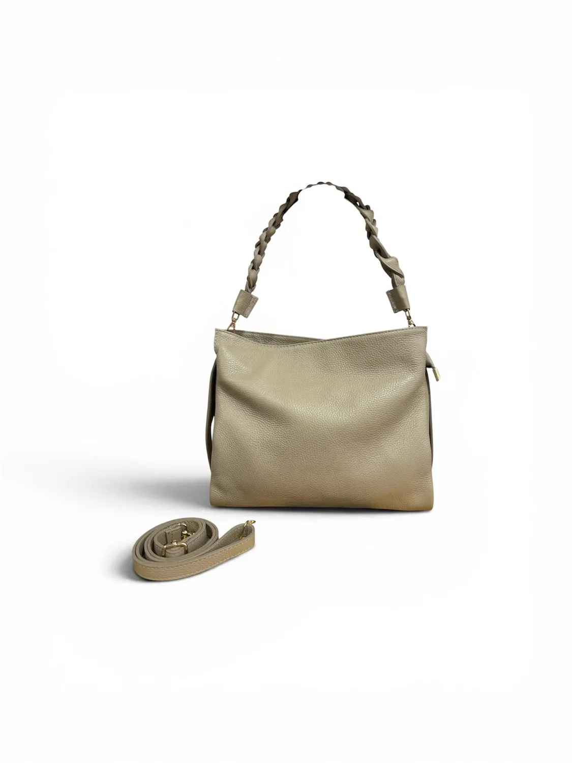 Hexagone Cuir Busy Tressé sac cuir beige 35 cm