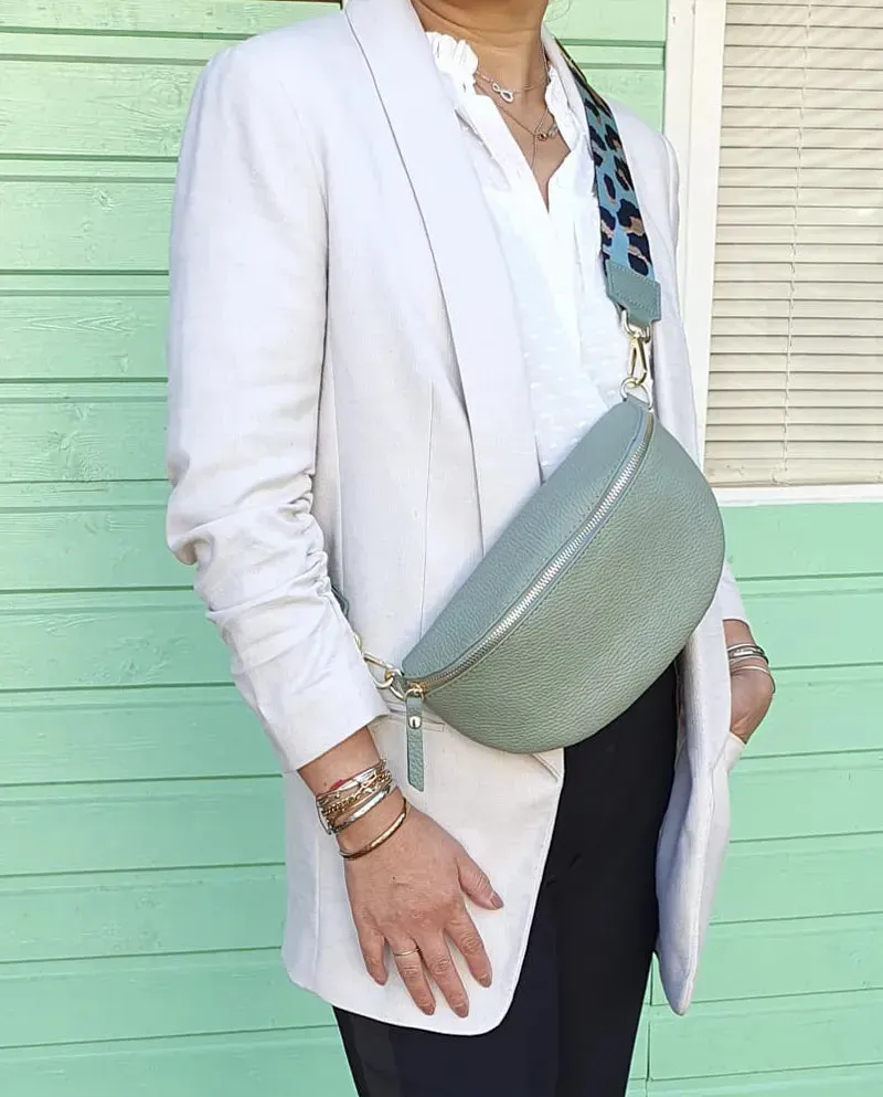 Hexagone Cuir Banane Medium sac banane cuir menthe grainé
