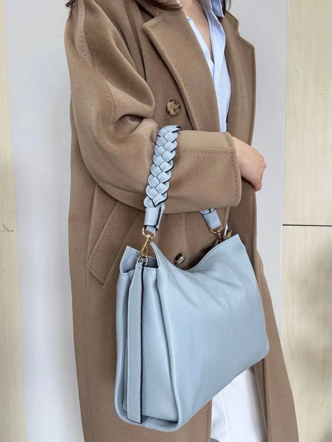 Hexagone Cuir Busy Tressé sac cuir beige 35 cm