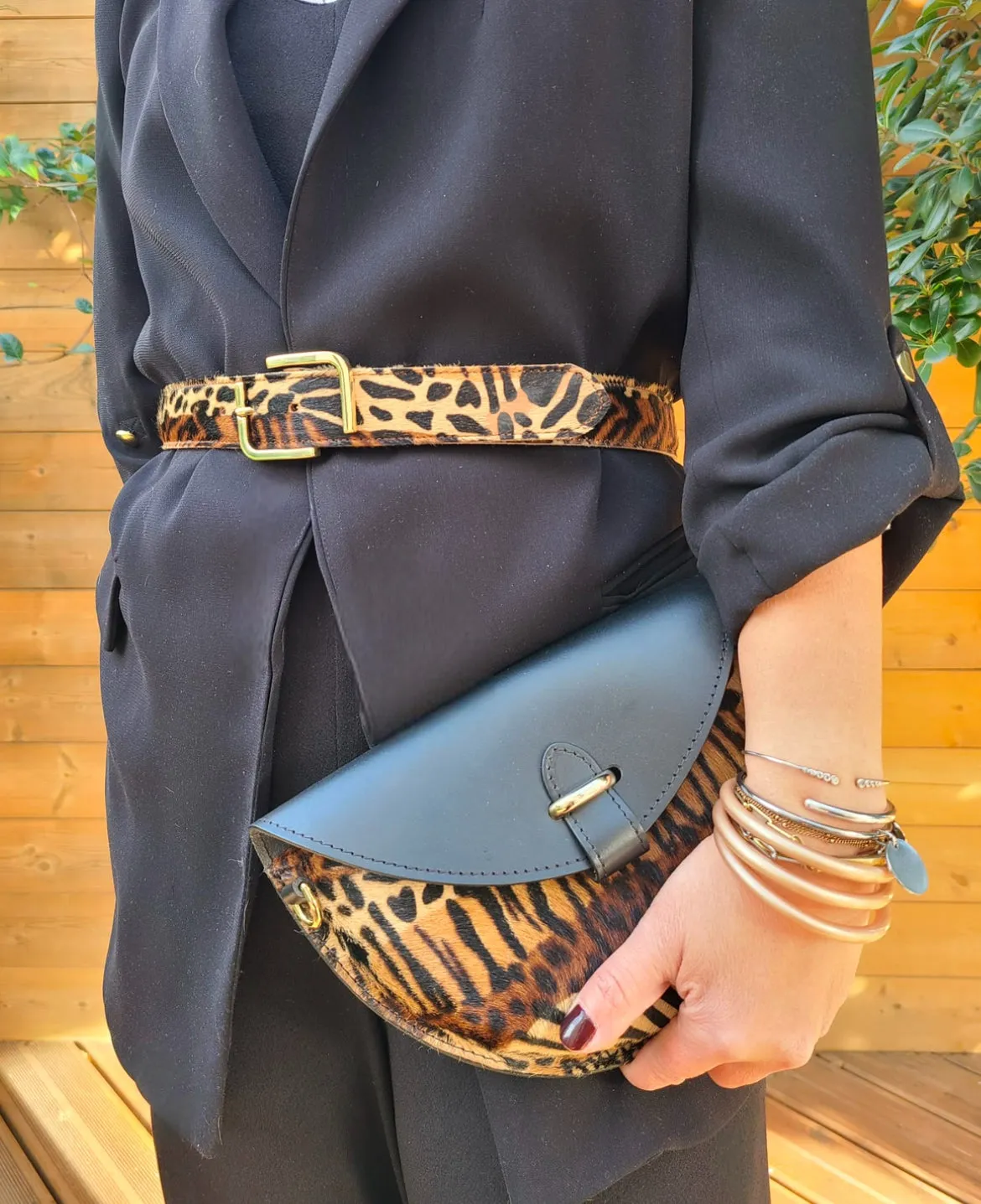 Hexagone Cuir Animal's ceinture cuir camel noir