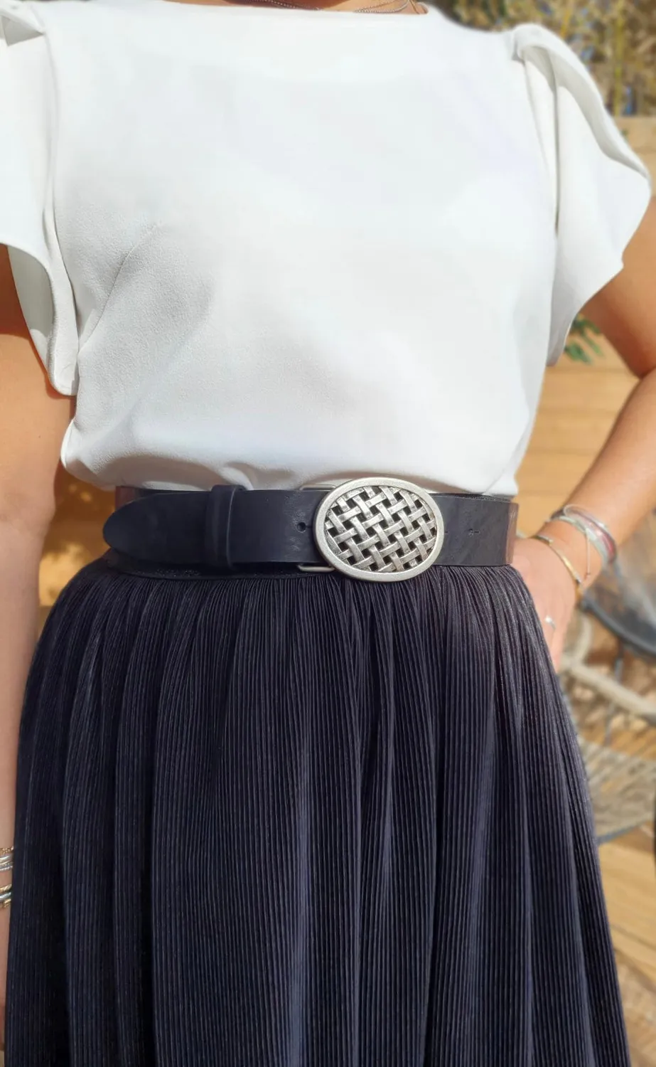 Hexagone Cuir Ovale Tressée ceinture cuir cognac