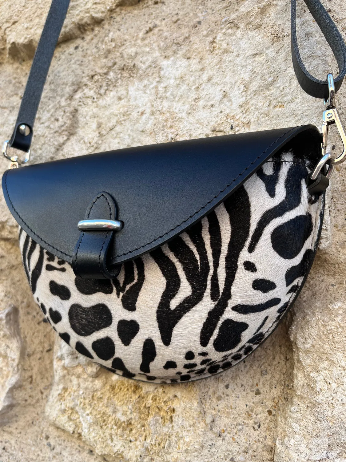 Hexagone Cuir Soleil Animal's sac cuir femme noir imprimé