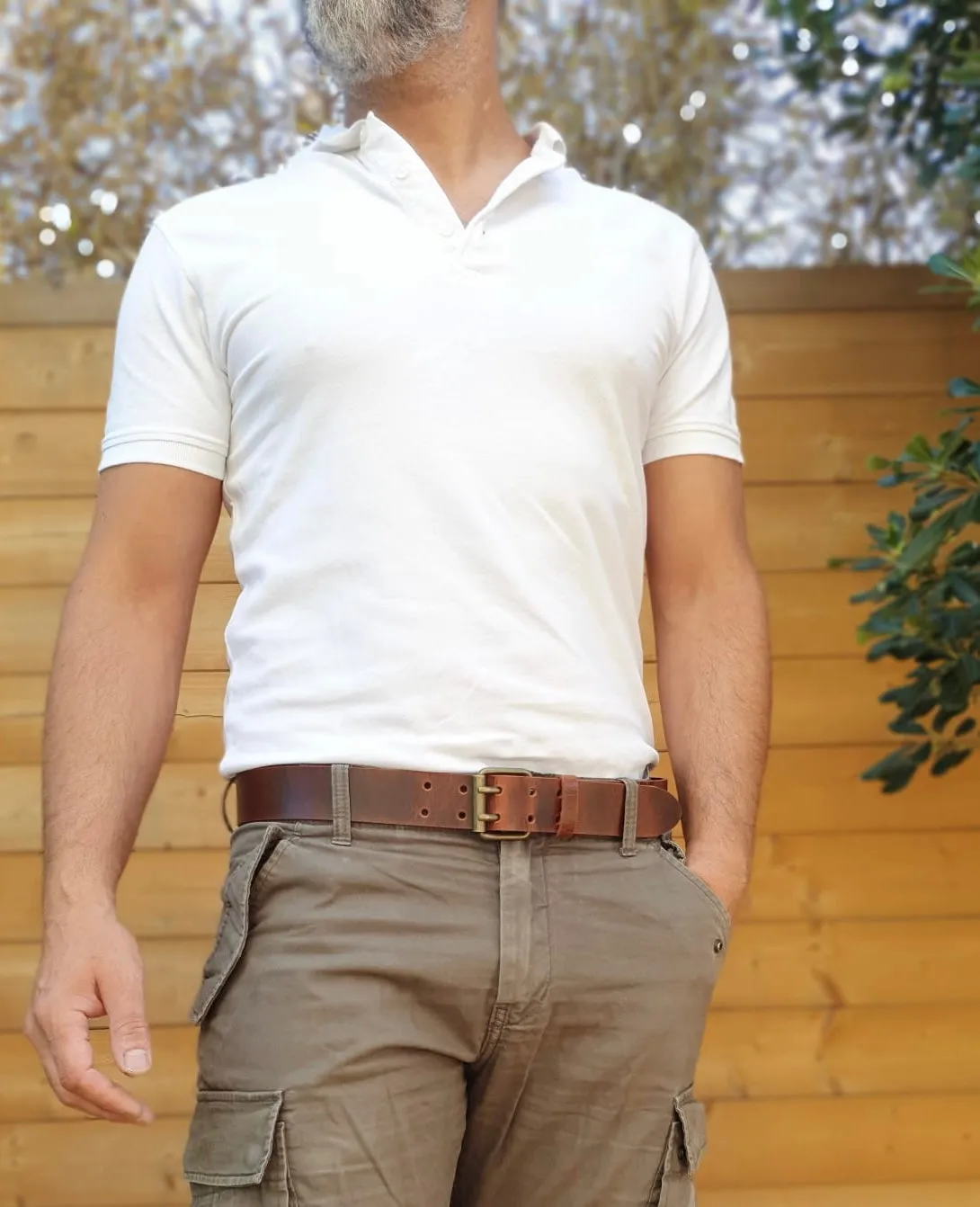 Hexagone Cuir Double Ardillons ceinture cuir cognac