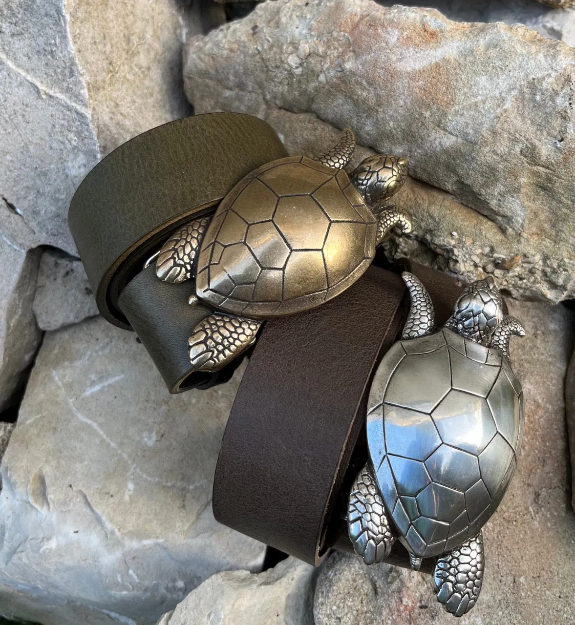 Hexagone Cuir Tortue ceinture cuir kaki 85 cm