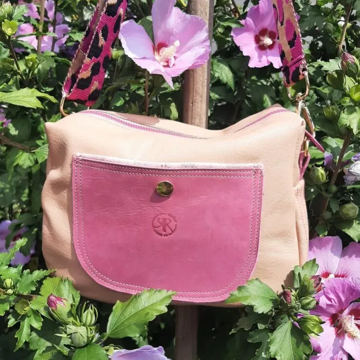 Atelier Anne R sac bandoulière cuir beige rosé framboise