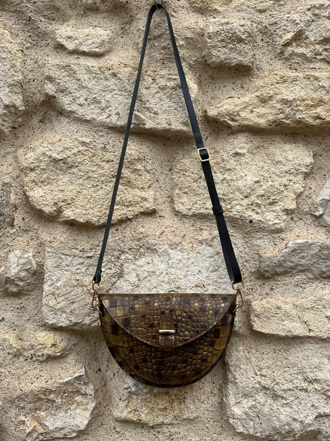 Hexagone Cuir Soleil sac cuir reptile bronze