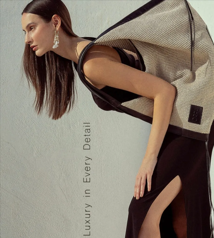 Hexagone Cuir Olympe sac raphia écru noir XL