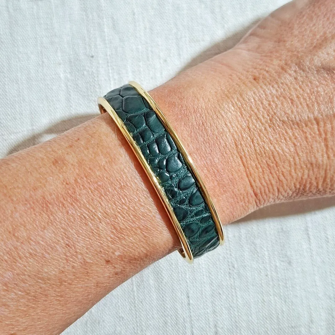 Atelier Anne R bracelet manchette cuir alligator vert 1 cm