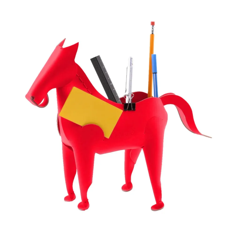 Hexagone Cuir Cheval pot à crayons cuir rouge 27 cm