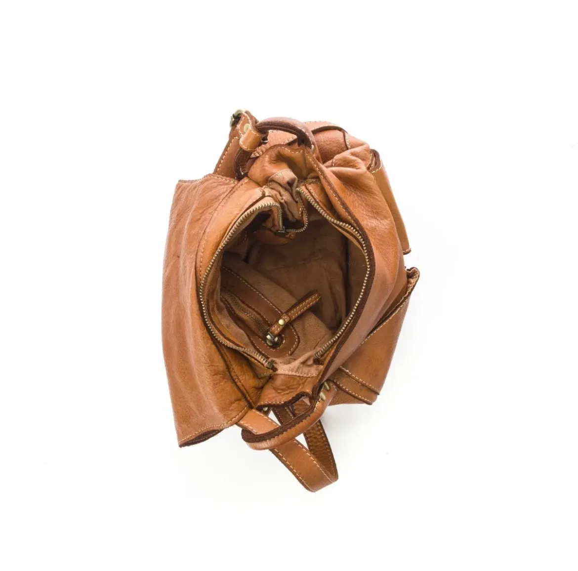 Hexagone Cuir Cavalier sac cuir cognac patiné