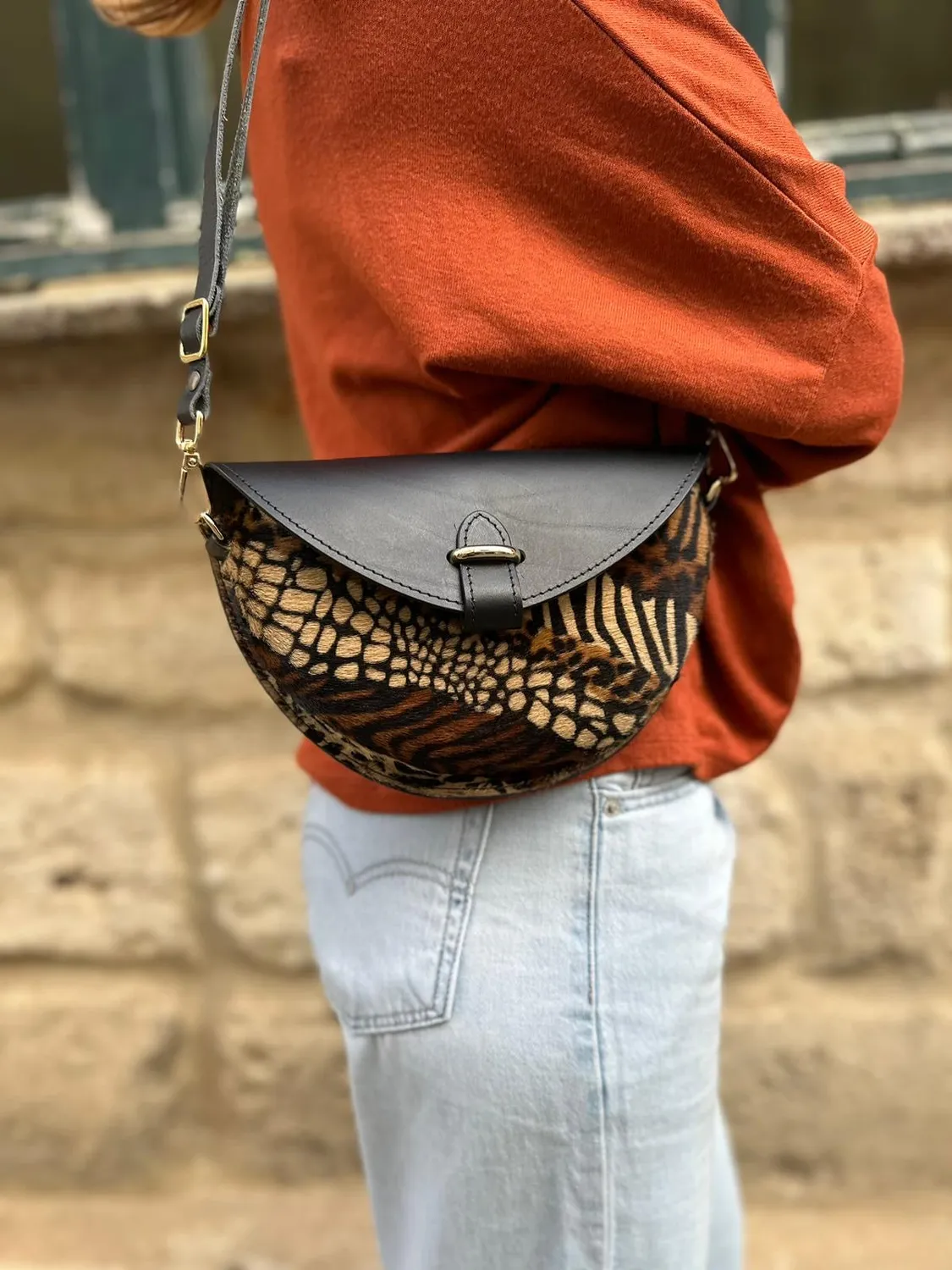 Hexagone Cuir Soleil Animal's sac bandoulière noir camel