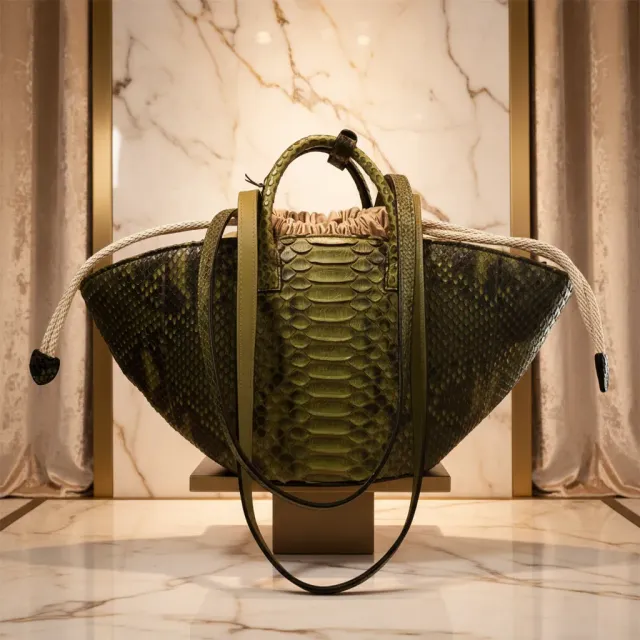 Hexagone Cuir Pyth sac cuir femme python vert double anses