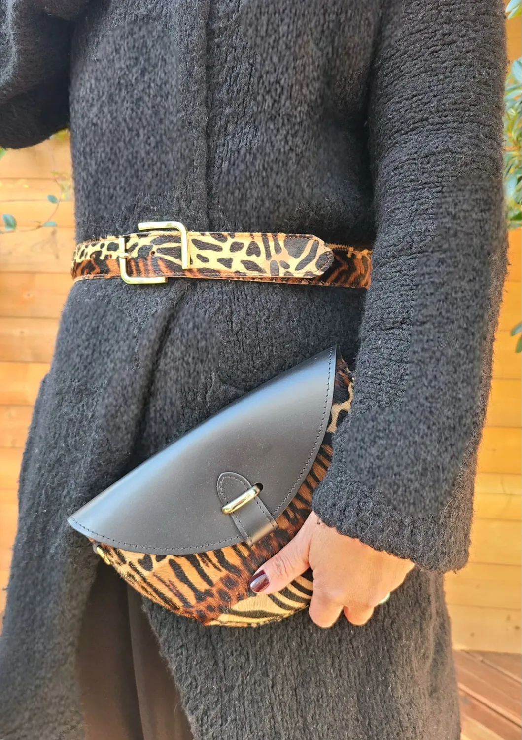 Hexagone Cuir Soleil Animal's sac bandoulière noir camel