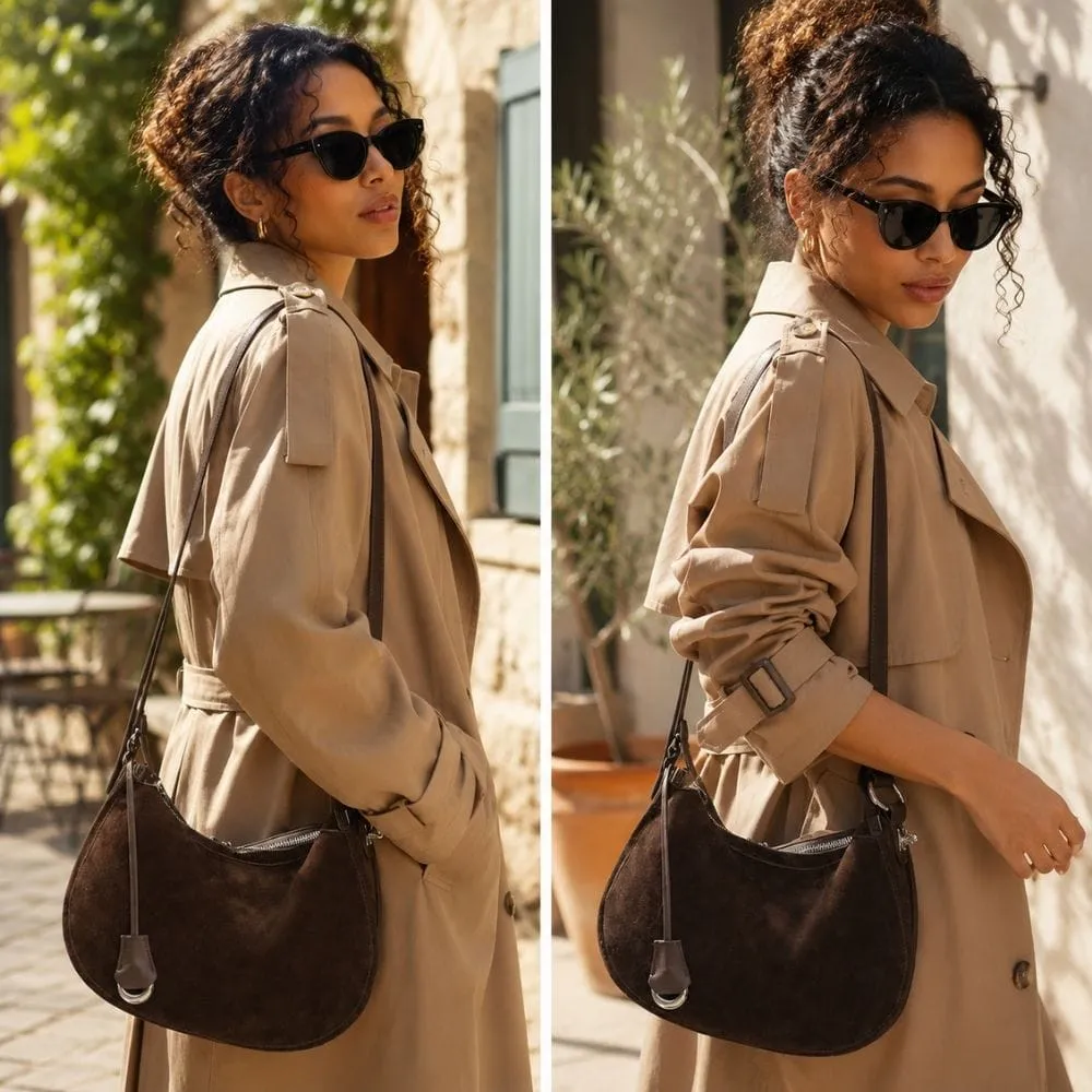 Maison Sacoches Solange sac demi-lune daim