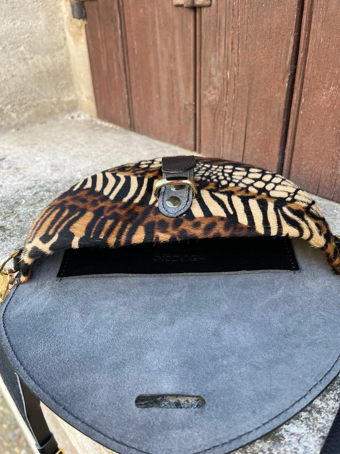 Hexagone Cuir Soleil Animal's sac bandoulière noir camel