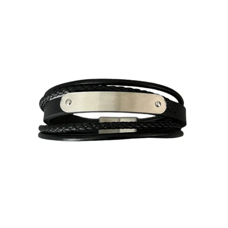 Hexagone Cuir Plaque bracelet cuir noir lisse tressé 21 cm