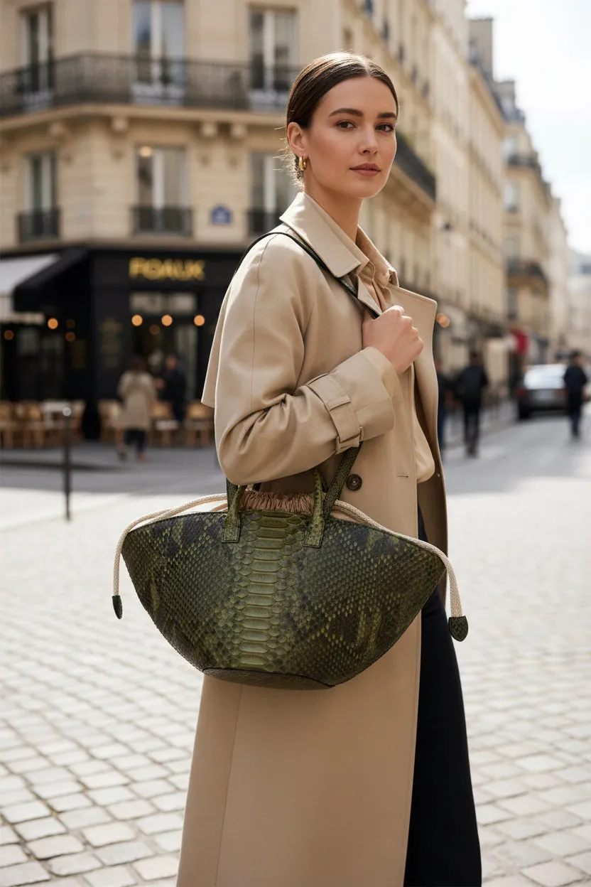 Hexagone Cuir Pyth sac cuir femme python vert double anses