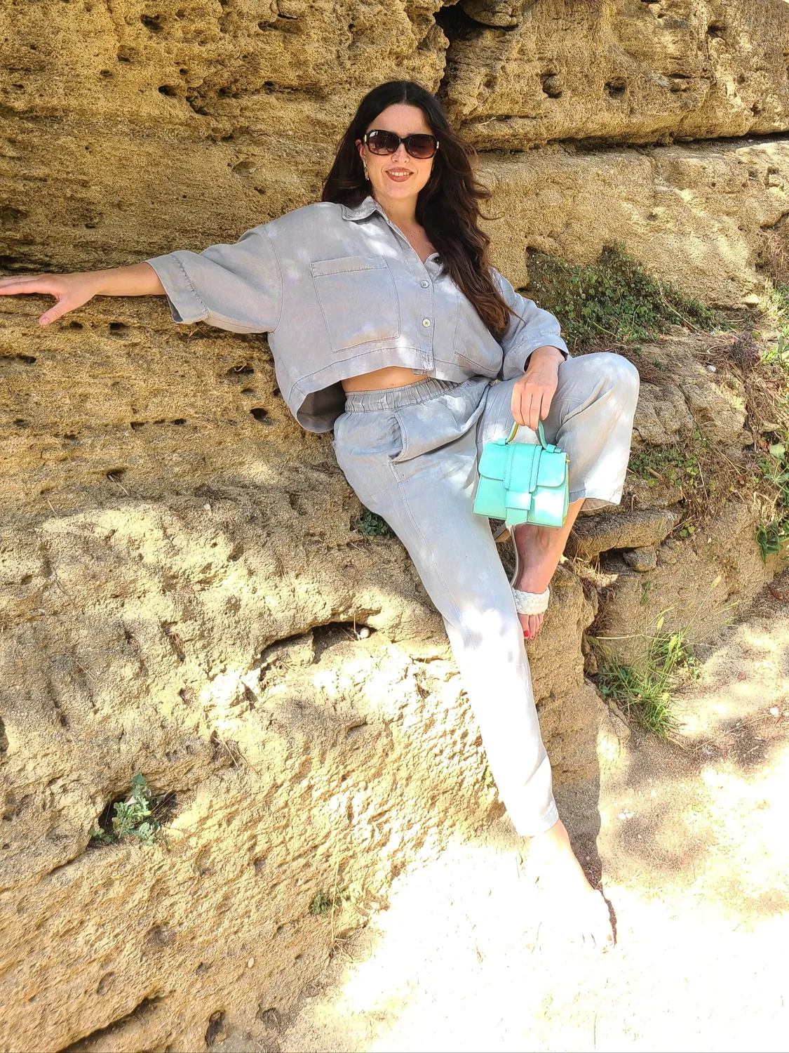 Hexagone Cuir Polly sac à main cuir Aqua Citron bicolore