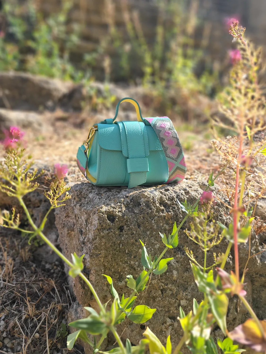 Hexagone Cuir Polly sac à main cuir Aqua Citron bicolore