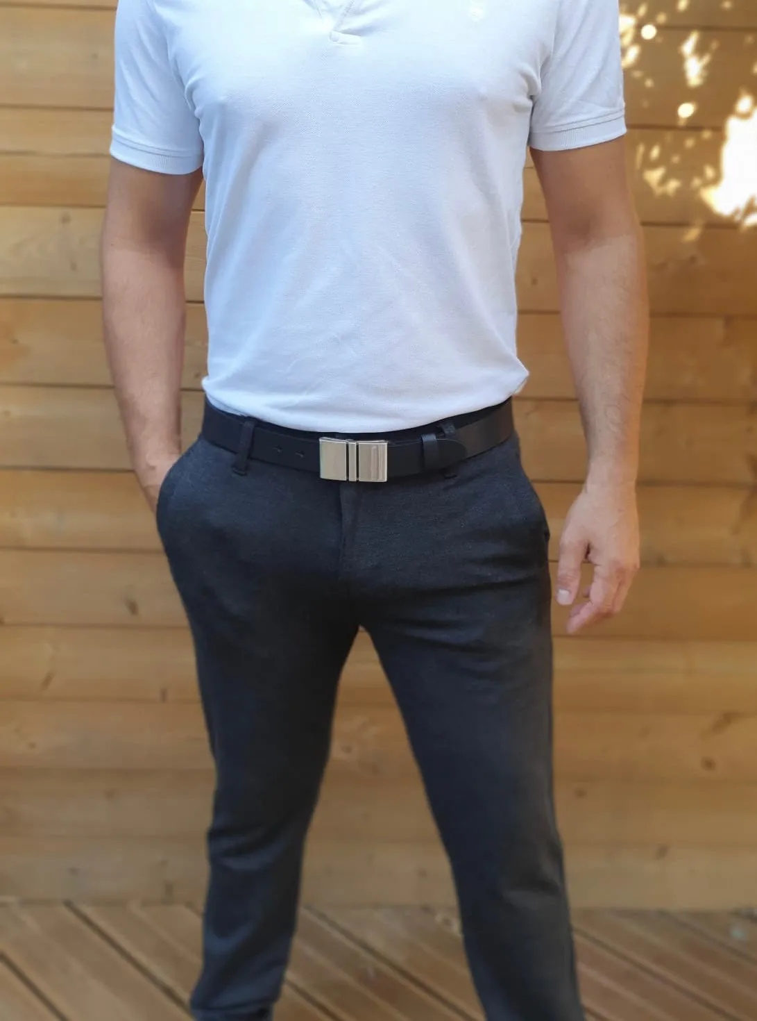 Hexagone Cuir Miroir ceinture homme noire large effet miroir