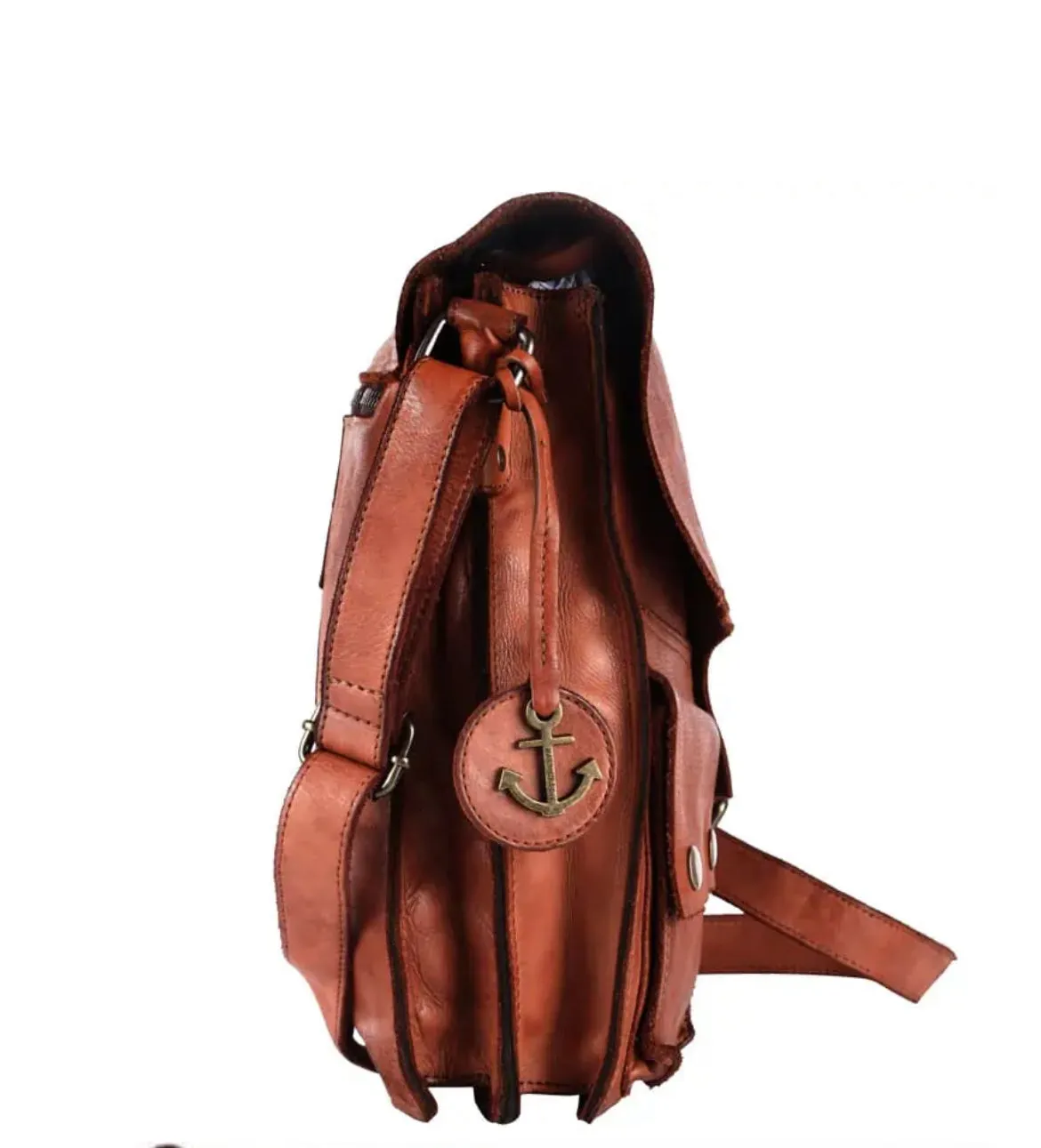 Hexagone Cuir Sacoche Tabac bandoulière cognac