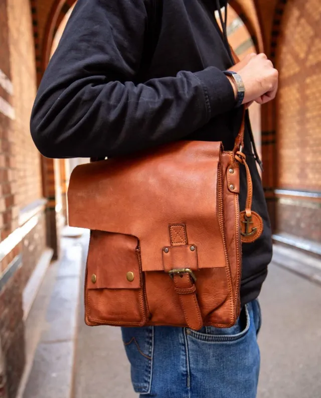 Hexagone Cuir Sacoche Tabac bandoulière cognac