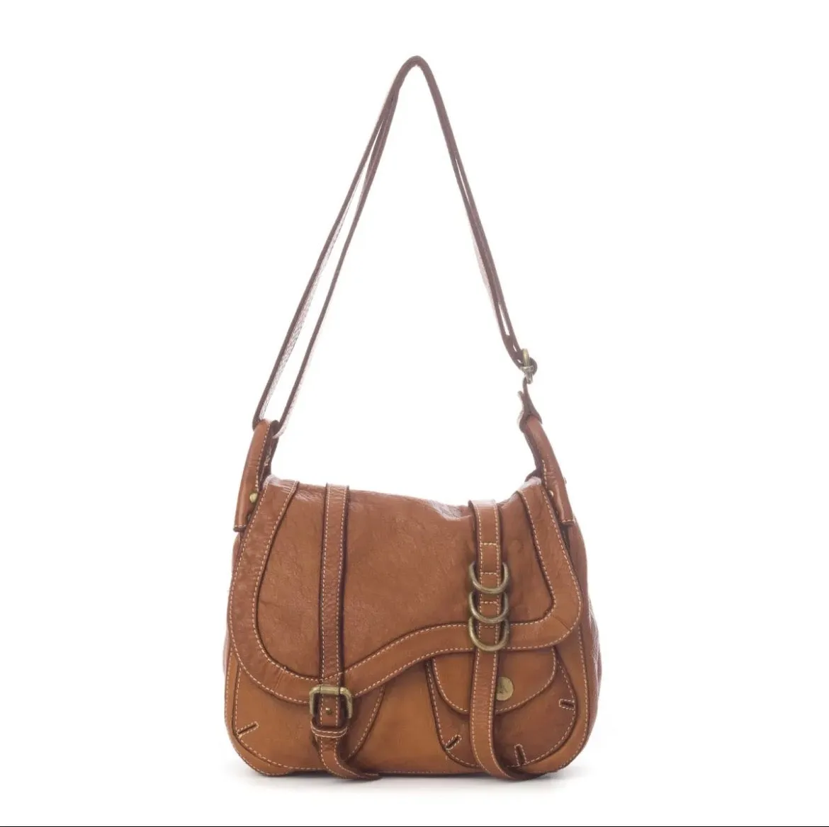 Hexagone Cuir Cavalier sac cuir cognac patiné