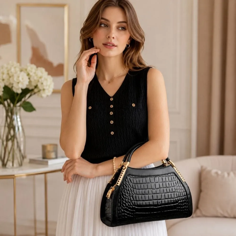 Maison Sacoches Alba sac à main luxe noir croco brillant