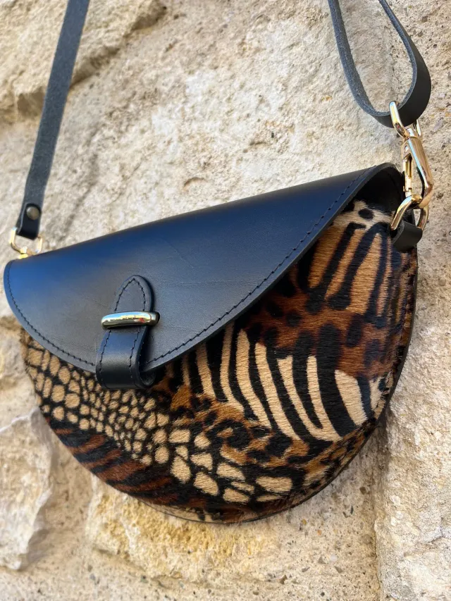 Hexagone Cuir Soleil Animal's sac bandoulière noir camel