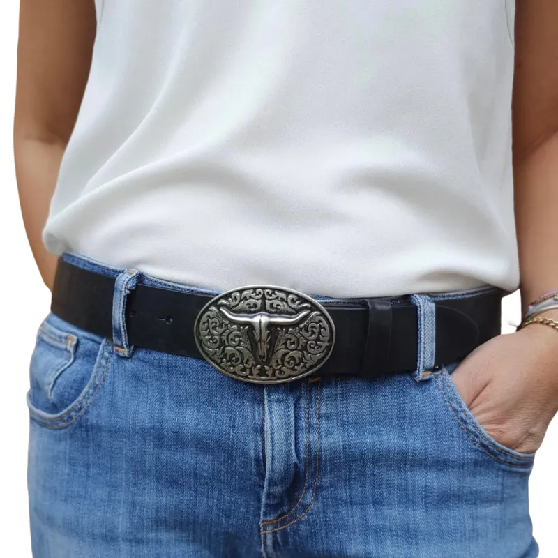 Hexagone Cuir Zebu boucle ceinture argentée zèbre 4 cm