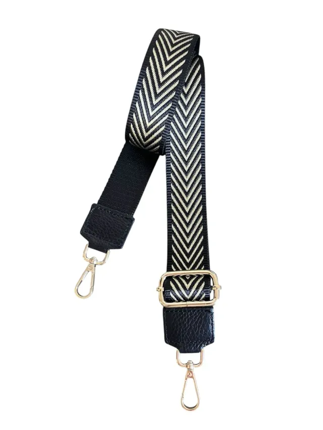 Hexagone Cuir Anse Lurex bandoulière noir/doré réglable