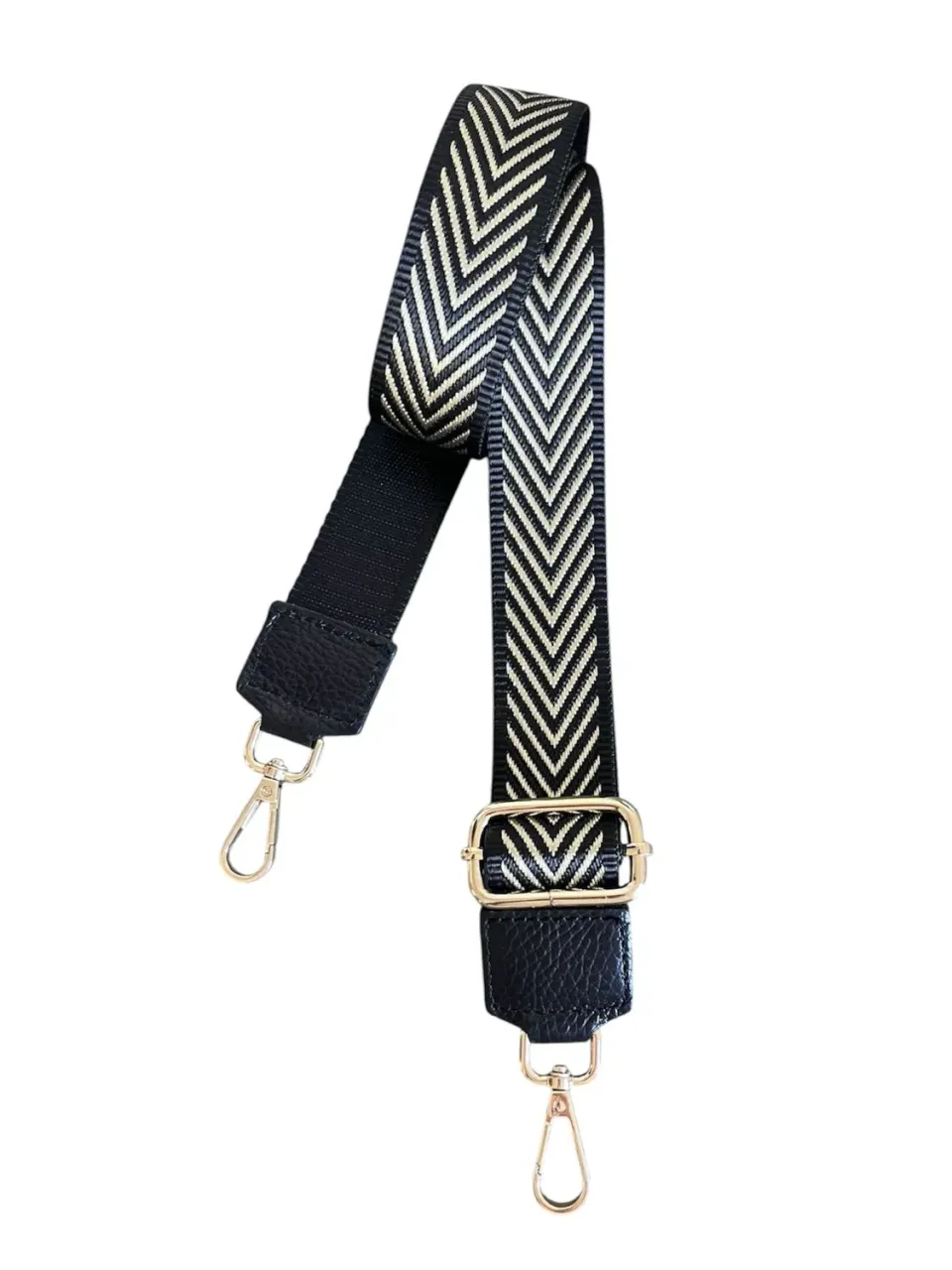 Hexagone Cuir Anse Lurex bandoulière noir/doré réglable