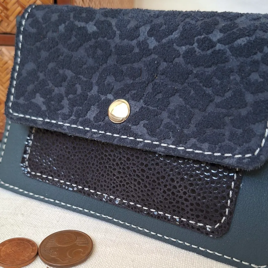 Atelier Anne R porte-monnaie cuir bleu marine panthère