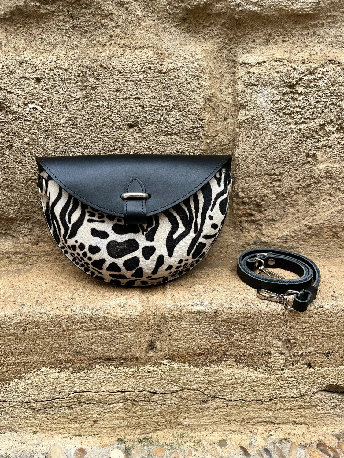 Hexagone Cuir Soleil Animal's sac cuir femme noir imprimé