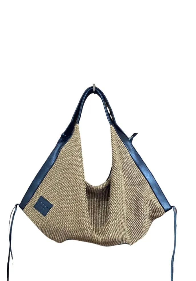 Hexagone Cuir Olympe sac raphia écru noir XL