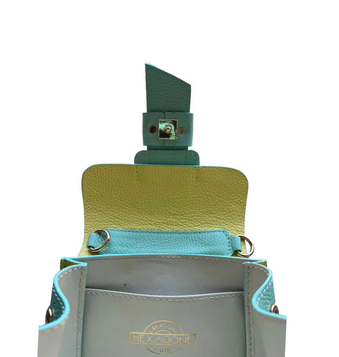Hexagone Cuir Polly sac à main cuir Aqua Citron bicolore