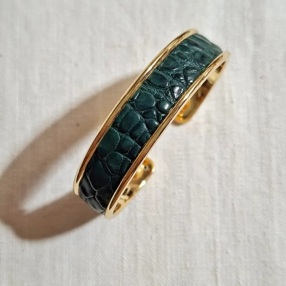 Atelier Anne R bracelet manchette cuir alligator vert 1 cm