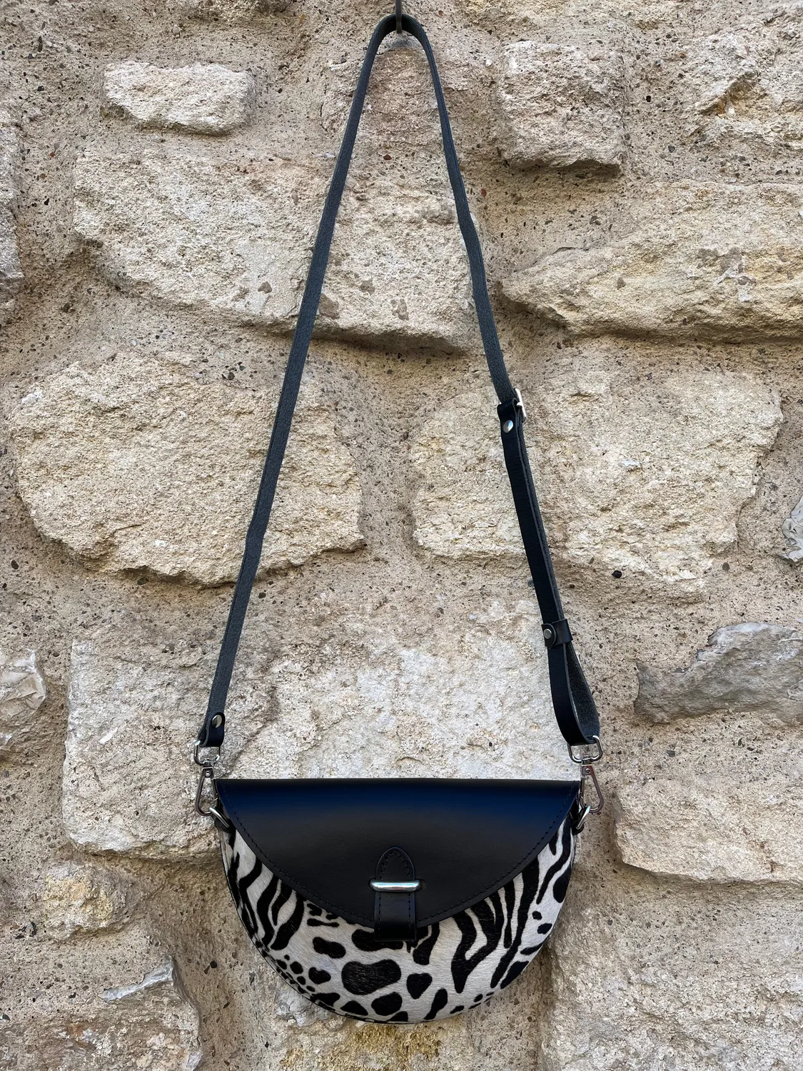 Hexagone Cuir Soleil Animal's sac cuir femme noir imprimé