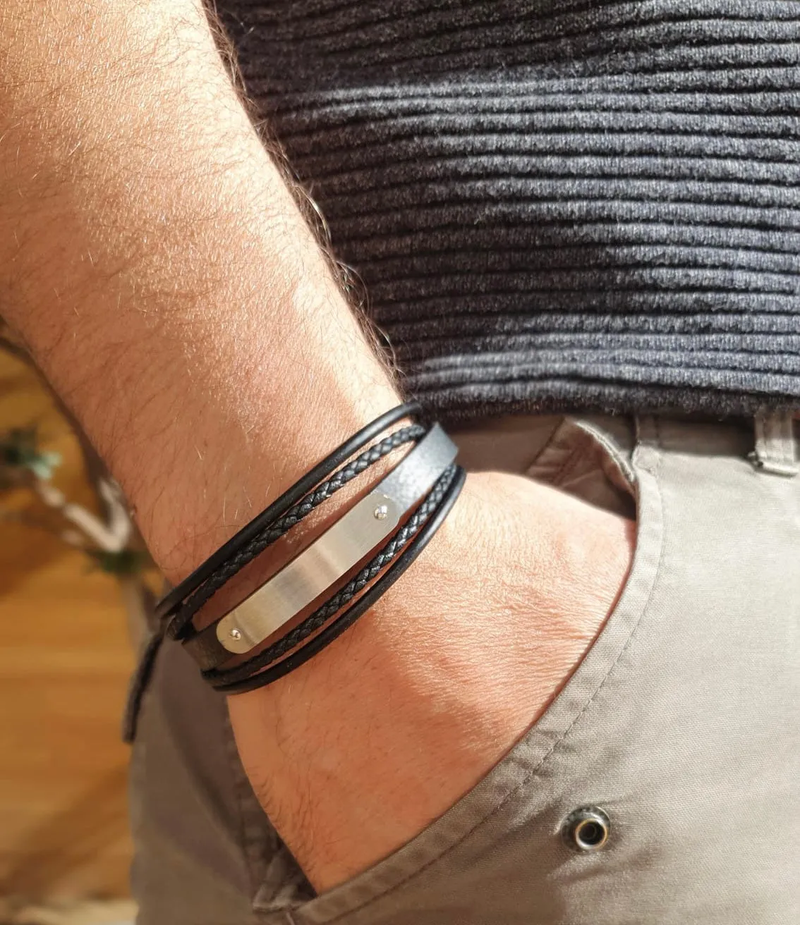 Hexagone Cuir Plaque bracelet cuir noir lisse tressé 21 cm