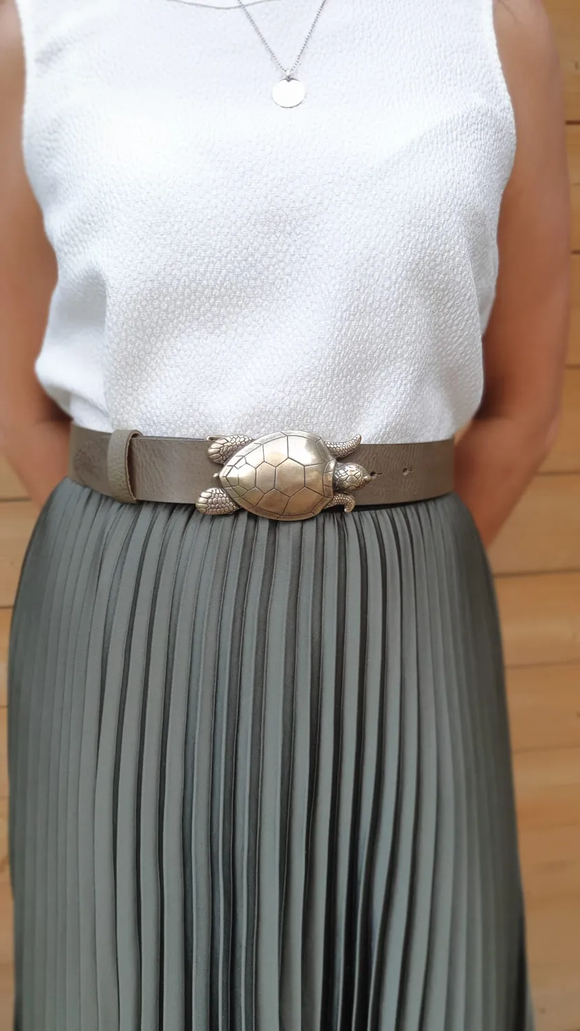Hexagone Cuir Tortue ceinture cuir kaki 85 cm