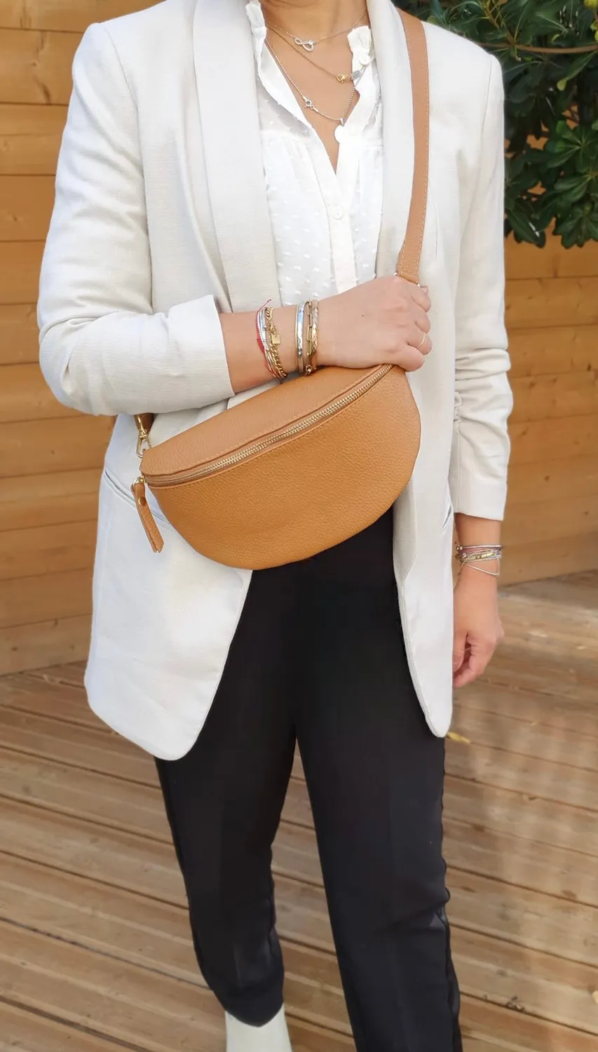 Hexagone Cuir Banane Medium sac banane cuir menthe grainé